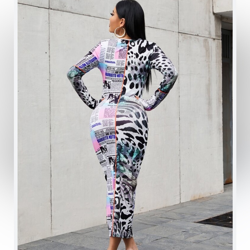 EUC B&W Newspaper Leopard Print SHEIN Brand Long Sleeve Size XL X-Large 12 Dress - Picture 3 of 9